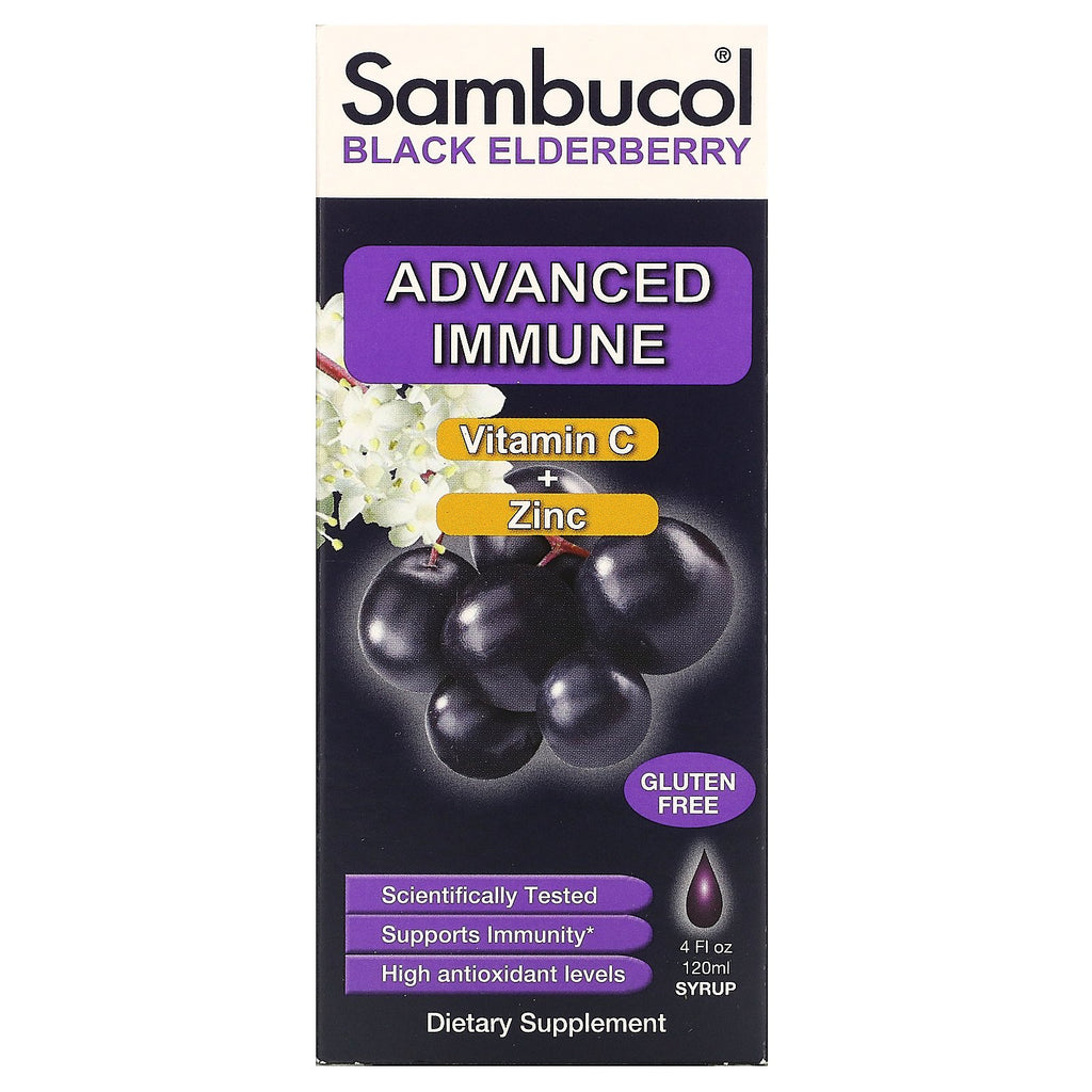 Sambucol, Black Elderberry Syrup, Advanced Immune, Vitamin C + Zinc, Natural Berry, 4 fl oz (120 ml)