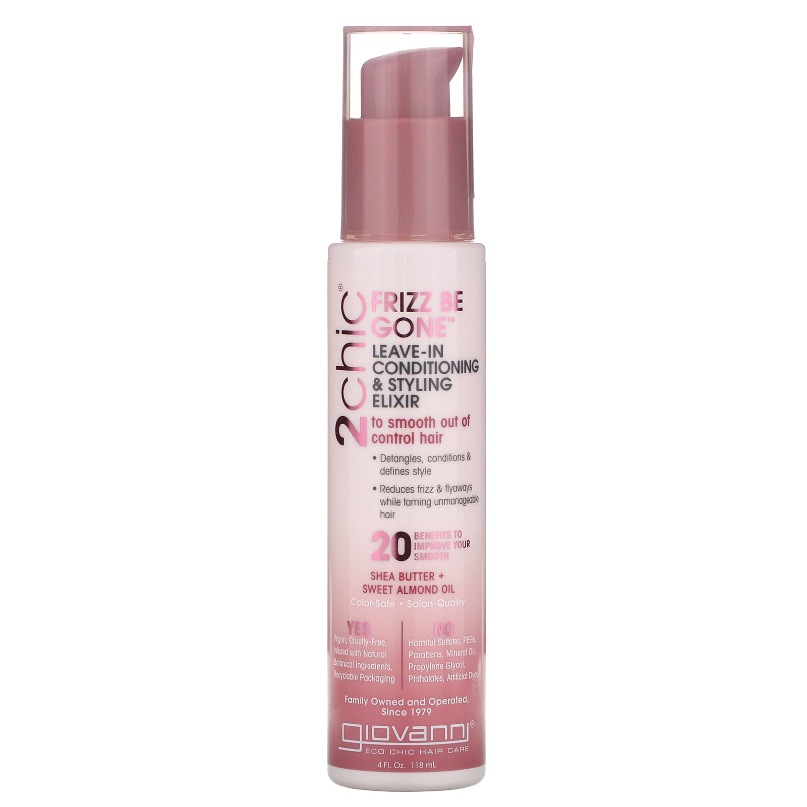 Giovanni, 2chic, Frizz Be Gone, Leave-In Conditioning & Styling Elixir, Shea Butter + Sweet Almond Oil, 4 fl oz (118 ml)