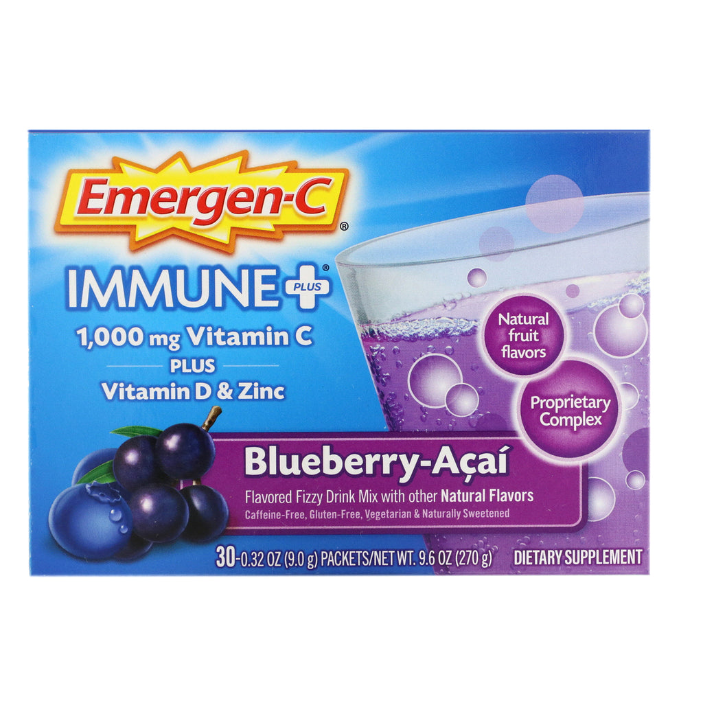 Emergen-C, Immune +,  Vitamin C Plus Vitamin D & Zinc, Blueberry-Acai, 1,000 mg, 30 Packets, 0.32 oz (9.0 g) Each