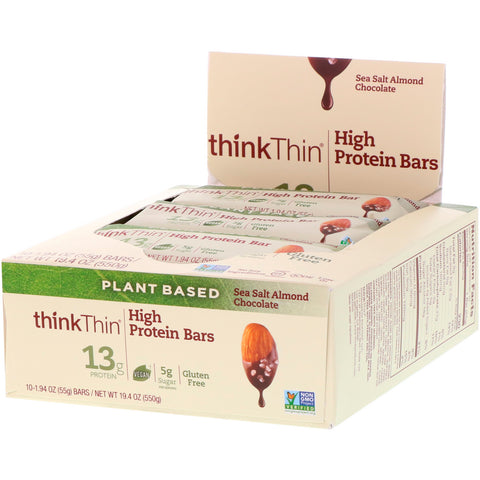 ThinkThin, High Protein Bars, Sea Salt Almond Chocolate, 10 Bars, 1.94 oz (55 g) Each