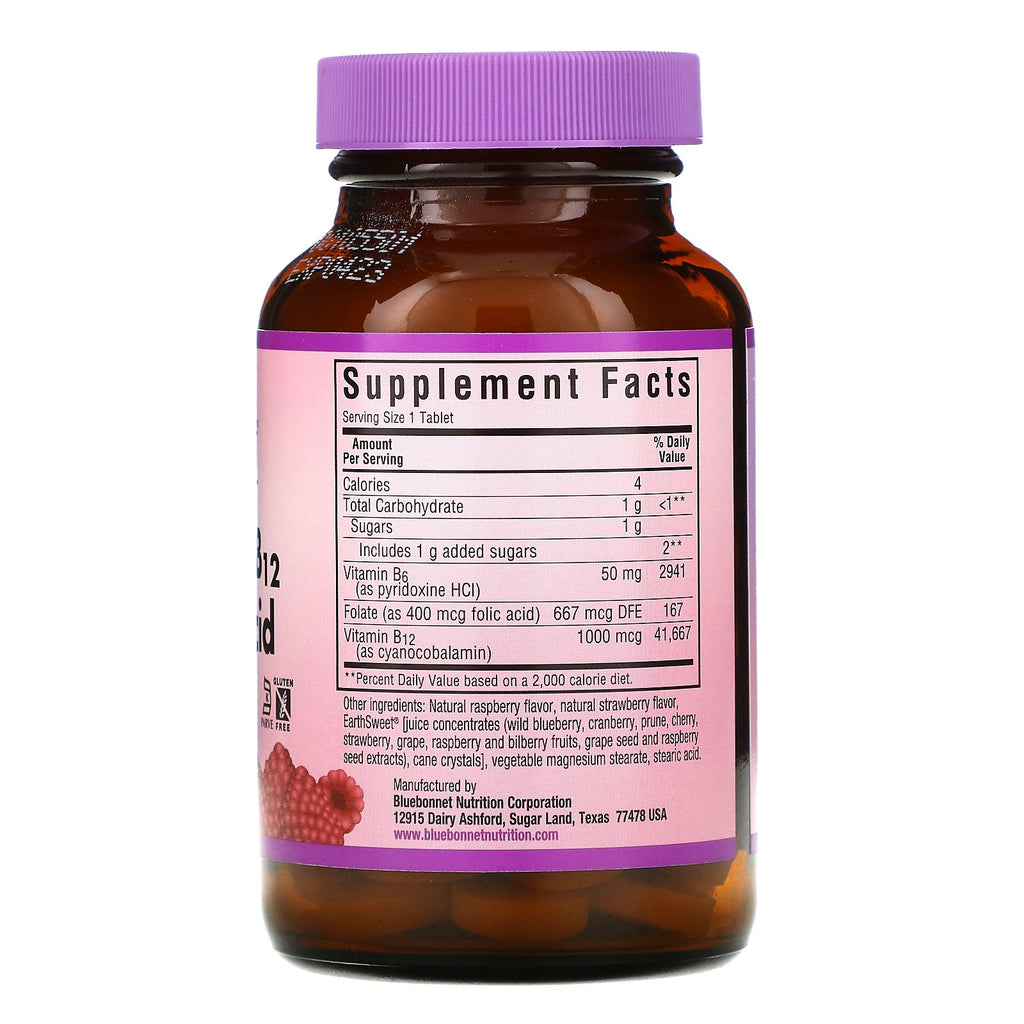 Bluebonnet Nutrition, Earth Sweet Chewables, Vitamin B6, B12 Plus Folic Acid, Raspberry, 60 Chewable Tablets