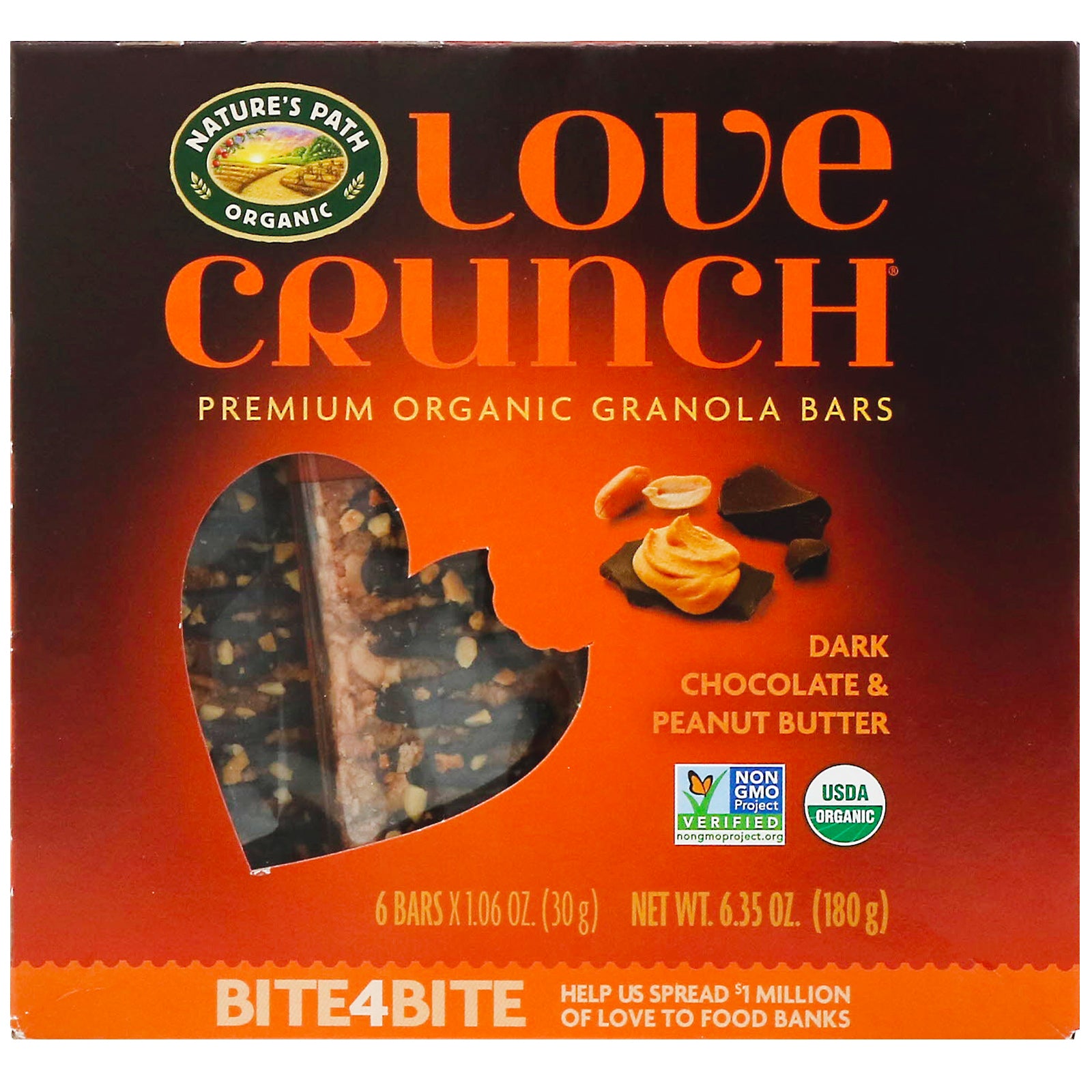 Nature's Path, Love Crunch, Premium Organic Granola Bars, Dark Chocolate Peanut Butter, 6 Bars, 1.06 oz (30 g) Each