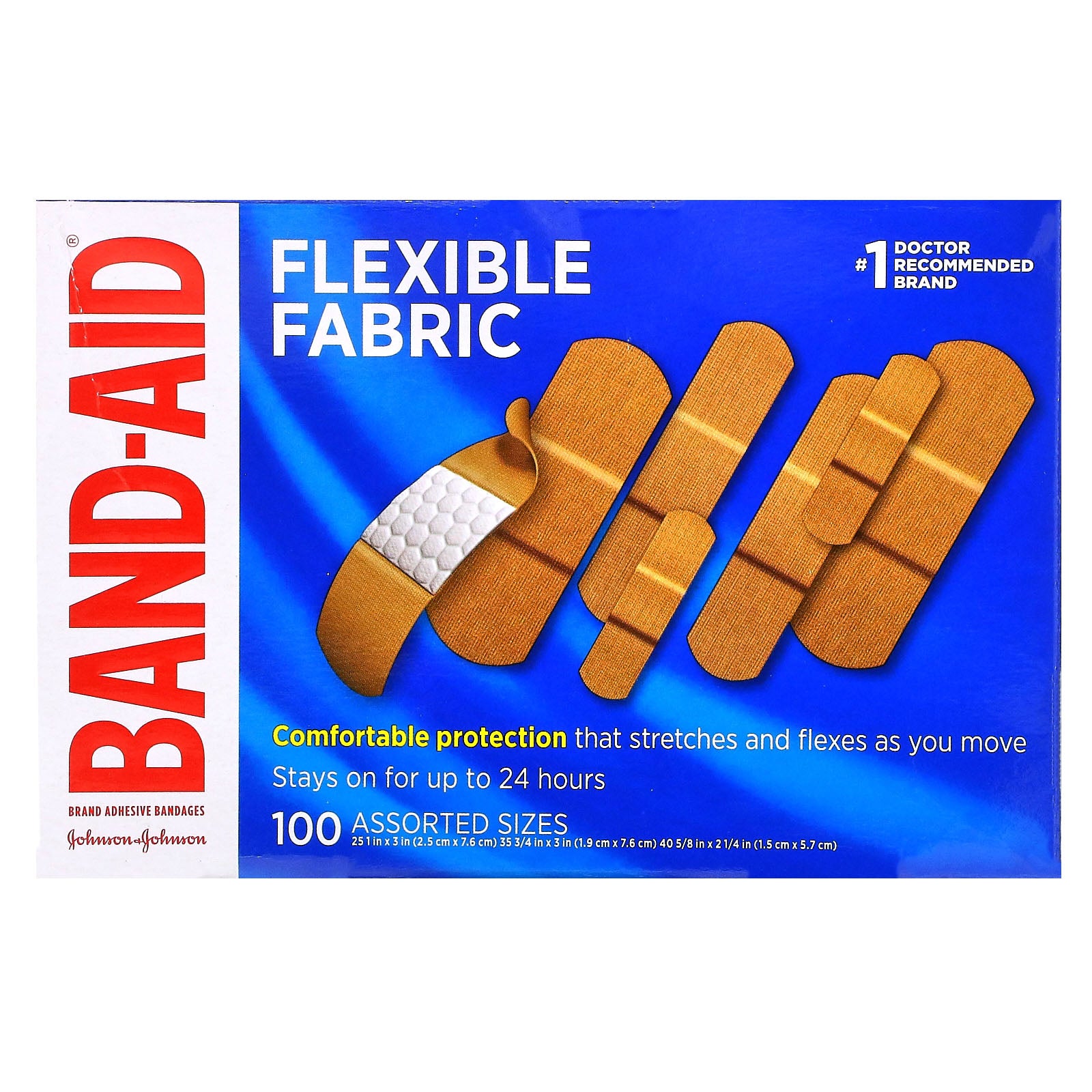 Band Aid, Adhesive Bandages, Flexible Fabric, 100 Assorted Sizes