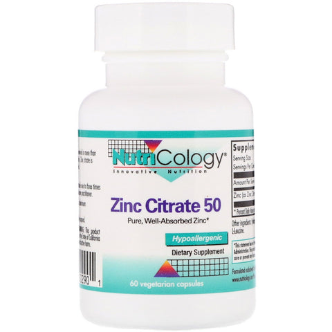 Nutricology, Zinc Citrate 50, 60 Vegetarian Capsules