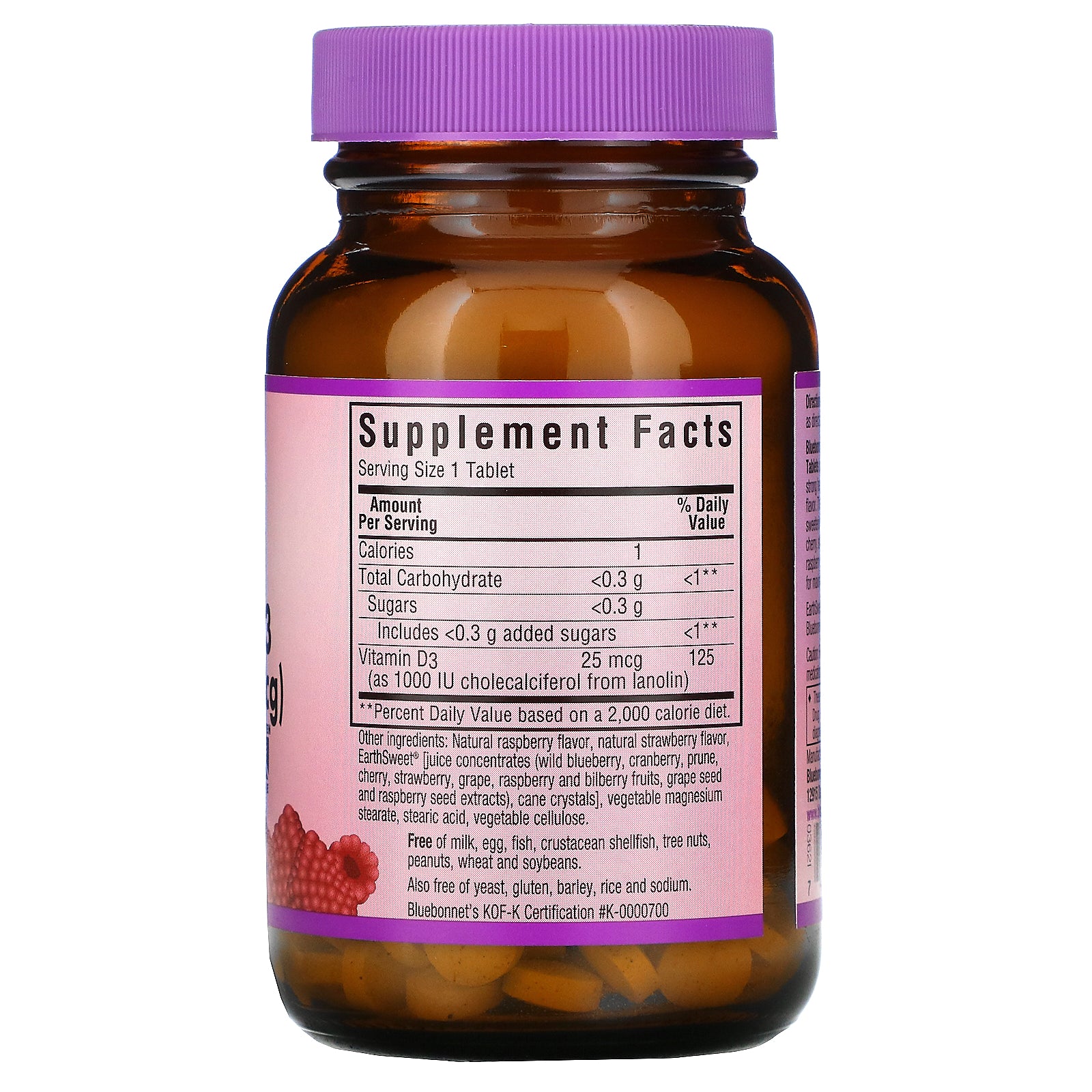 Bluebonnet Nutrition, Earth Sweet Chewables, Vitamin D3, Raspberry, 1,000 IU (25 mcg), 90 Chewable Tablets