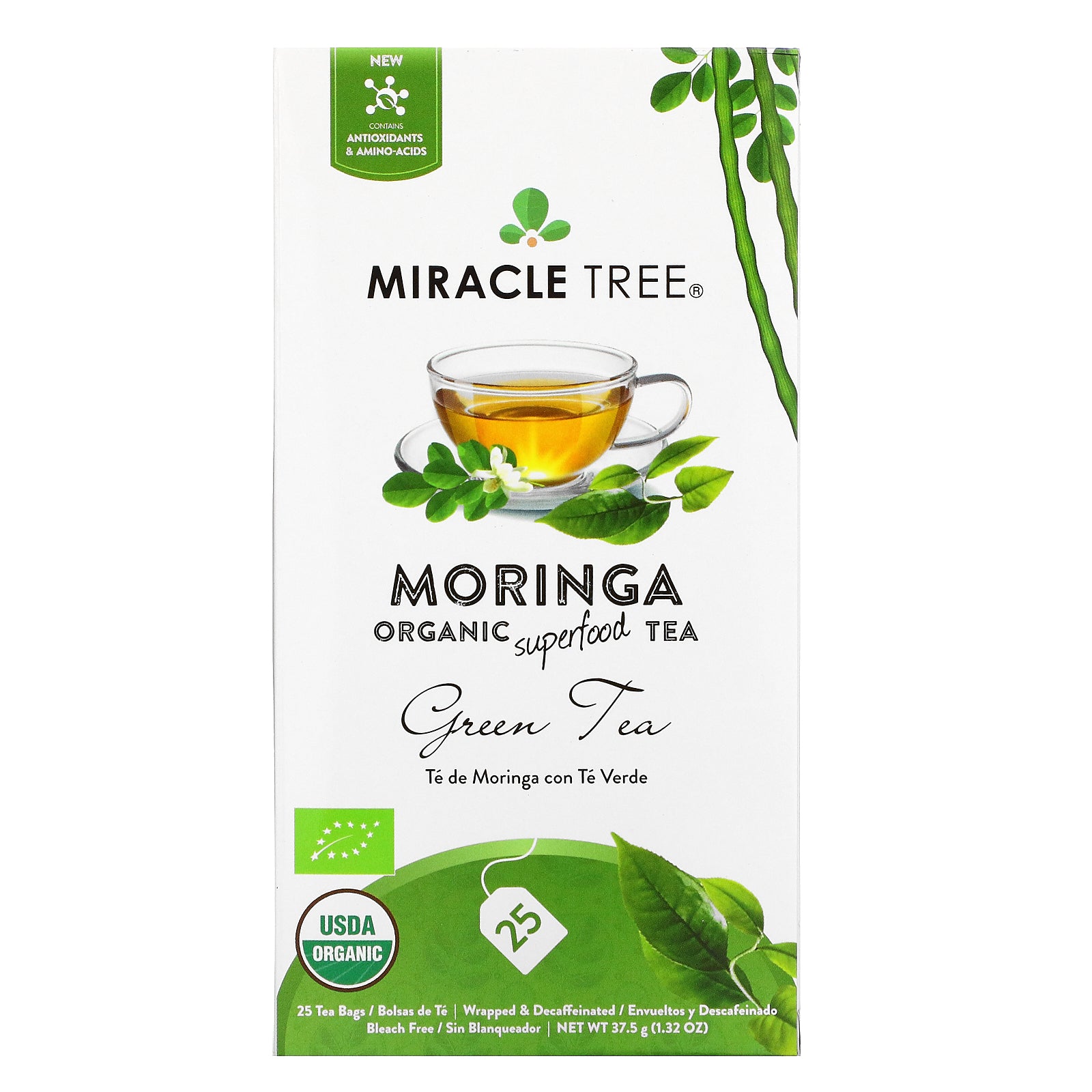 Miracle Tree, Moringa Organic Superfood Tea, Green Tea, Decaffeinated, 25 Tea Bags, 1.32 oz (37.5 g)