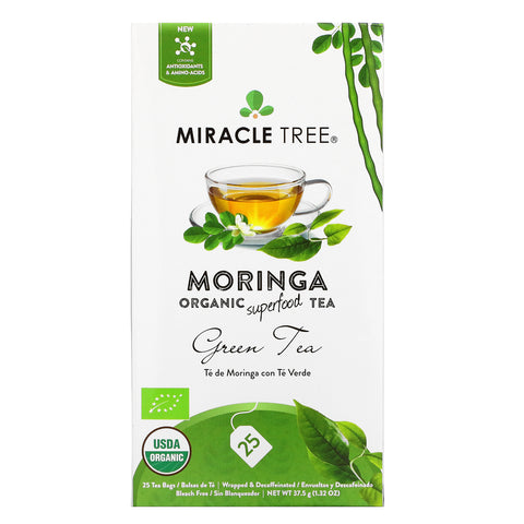 Miracle Tree, Moringa Organic Superfood Tea, Green Tea, Decaffeinated, 25 Tea Bags, 1.32 oz (37.5 g)