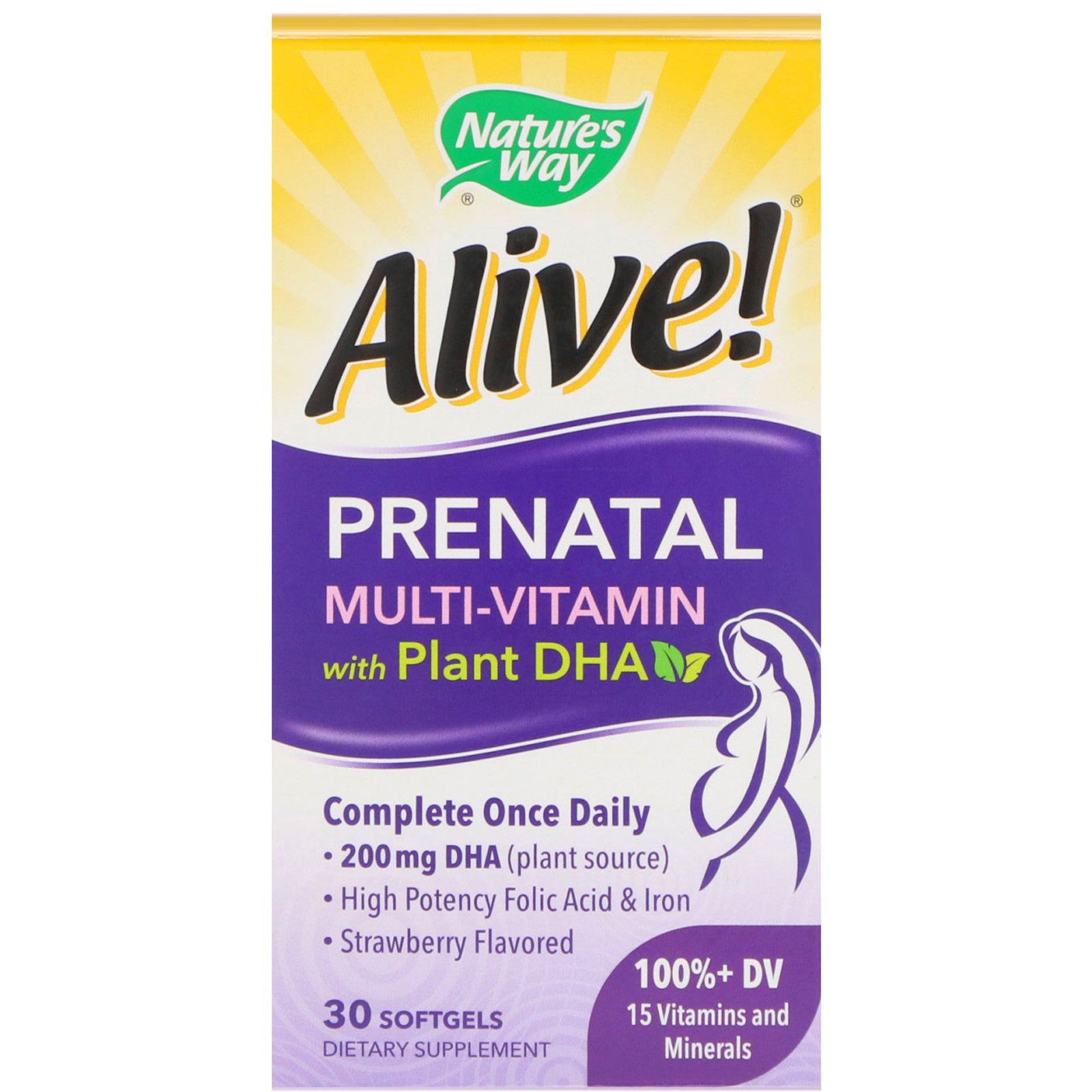 Nature's Way, Alive! Prenatal Multi-Vitamin with Plant DHA, Strawberry Flavored, 30 Softgels