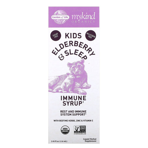 Garden of Life, Mykind Organics, Kids Elderberry & Sleep, Immune Syrup with Bedtime Herbs, Zinc & Vitamin C, 3.92 fl oz (116 ml)