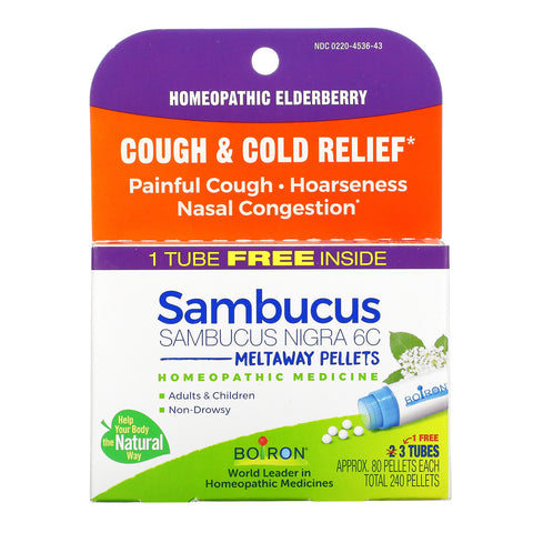 Boiron, Sambucus, Cough & Cold Relief, Meltaway Pellets, 6C, 3 Tubes, Approx. 80 Pellets Each