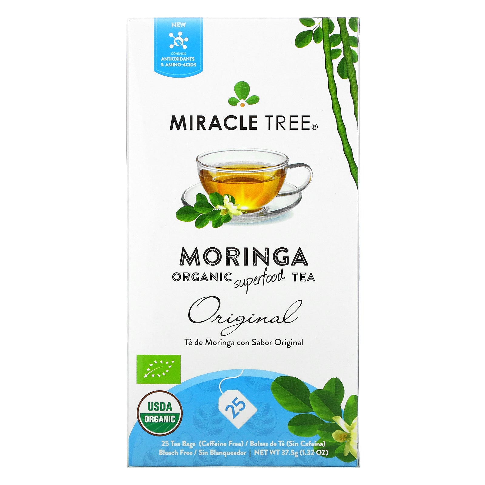 Miracle Tree, Moringa Organic Superfood Tea, Original, Caffeine Free, 25 Tea Bags, 1.32 oz (37.5 g)