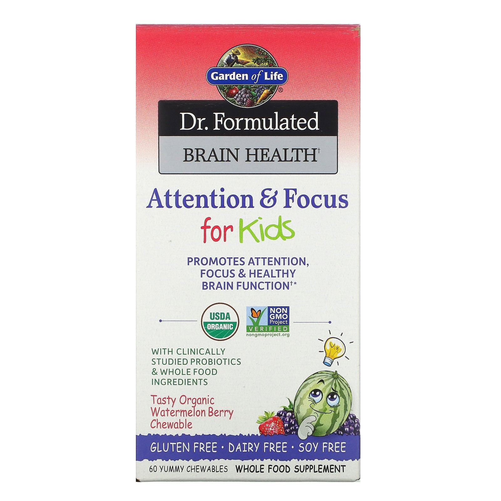 Garden of Life, Dr. Formulated Brain Health, Attention & Focus for Kids, Organic Watermelon Berry, 60 Yummy Chewables