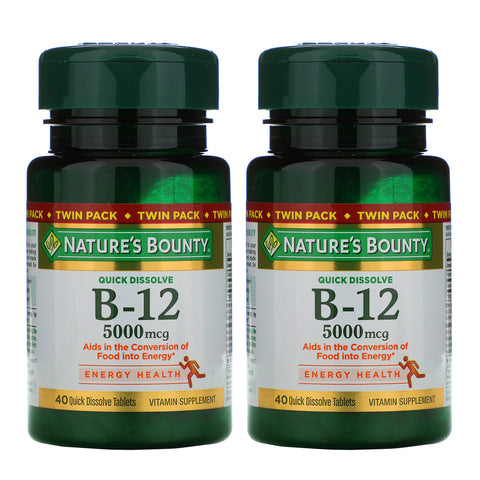 Nature's Bounty, B-12, Twin Pack, Naturally Cherry Flavor, 5,000 mcg, 40 Quick Dissolve Tablets Each