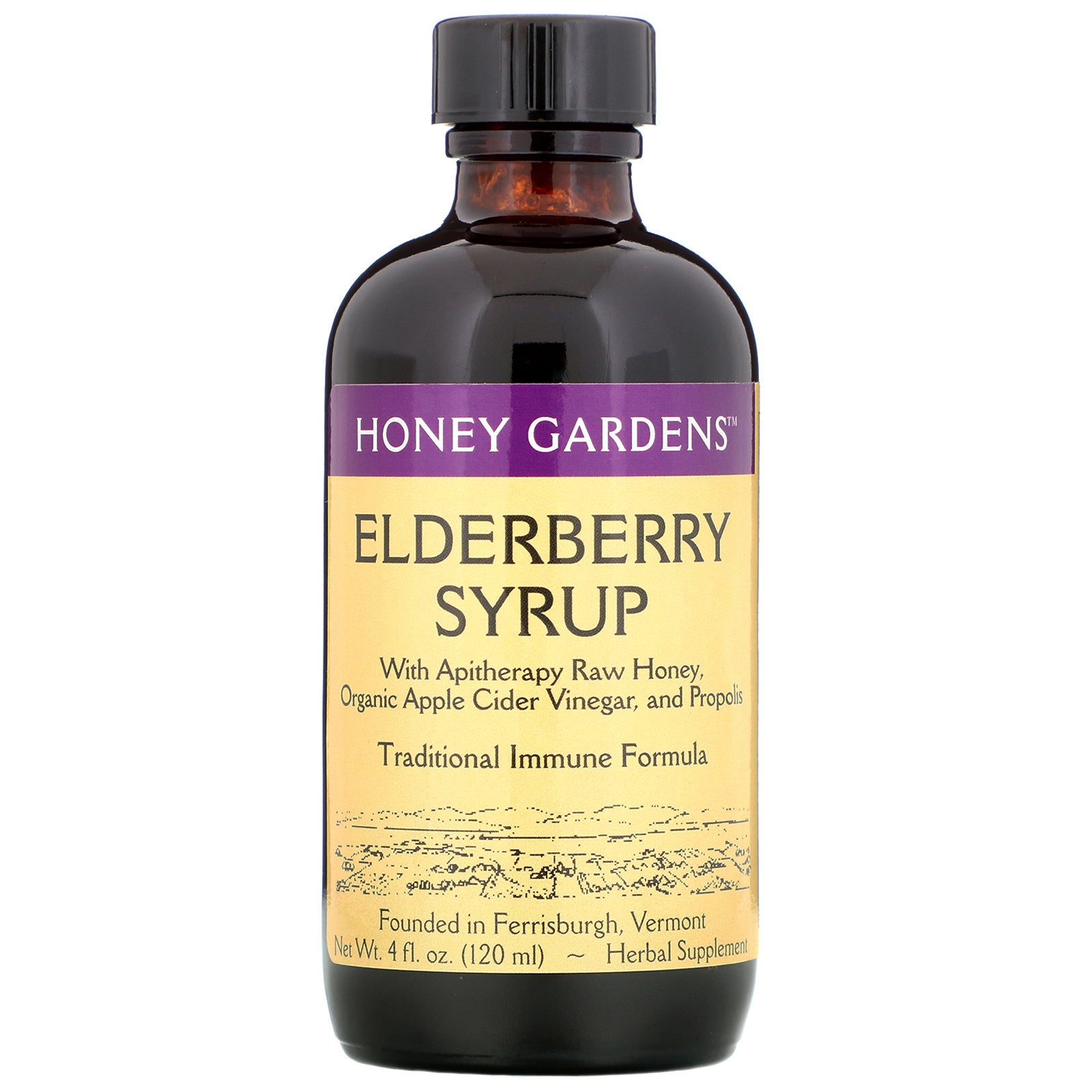 Honey Gardens, Elderberry Syrup with Apitherapy Raw Honey, Propolis and Elderberries, 4 fl oz (120 ml)