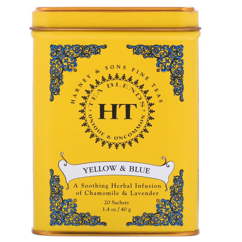 Harney & Sons, HT Tea Blend, Yellow & Blue, Chamomile and Lavender, Caffeine Free, 20 Sachets, 1.4 oz (40 g)