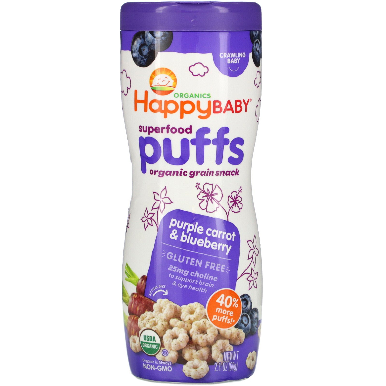 Happy Family Organics, Superfood Puffs, Organic Grain Snack, Purple Carrot & Blueberry, 2.1 oz (60 g)