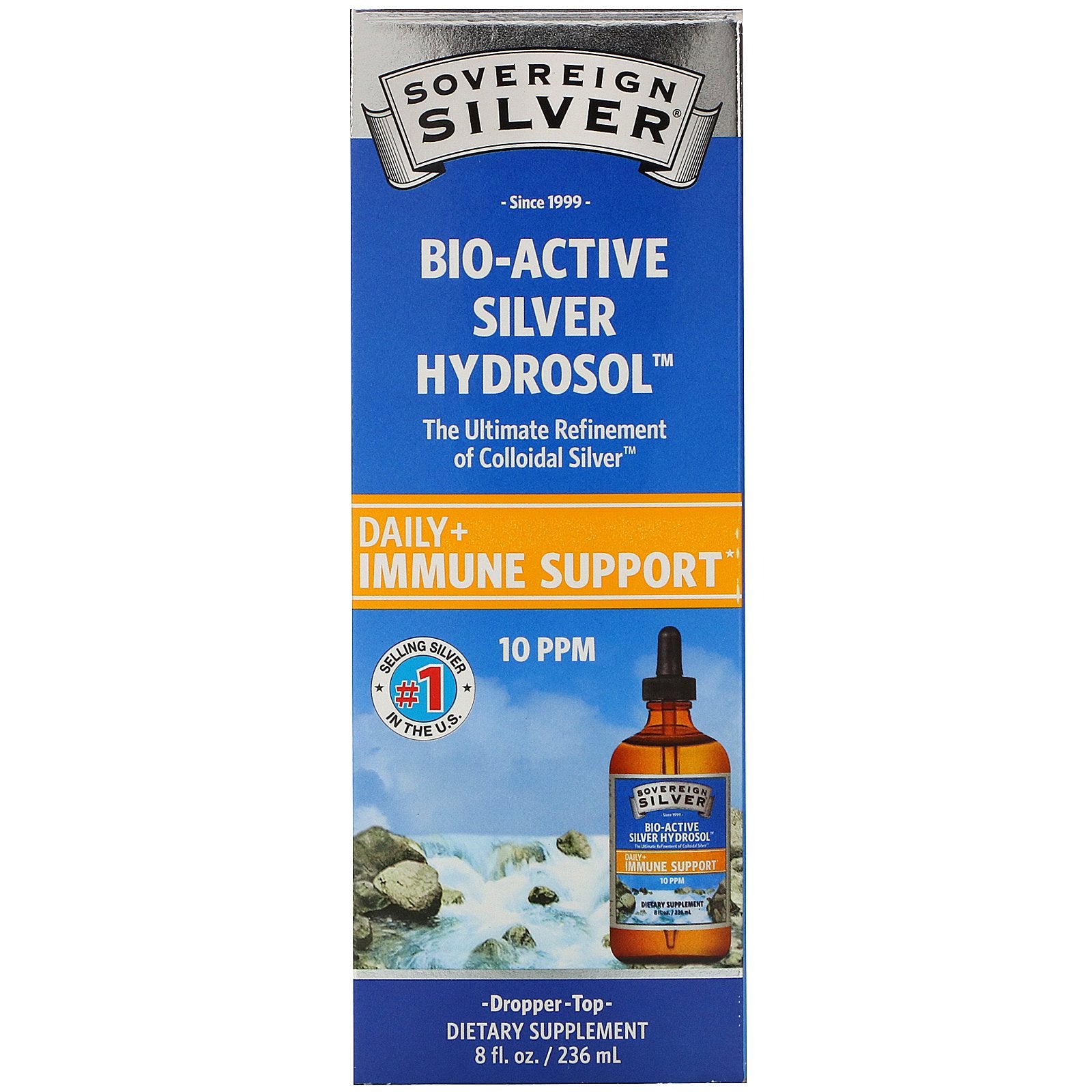 Sovereign Silver, Bio-Active Silver Hydrosol Dropper-Top, Daily + Immune Support, 10 PPM, 8 fl oz (236 ml)