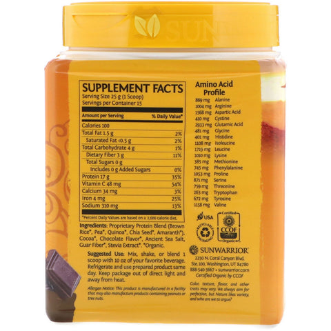 Sunwarrior, Classic Plus Protein,  Plant Based, Chocolate, 13.2 oz (375 g)