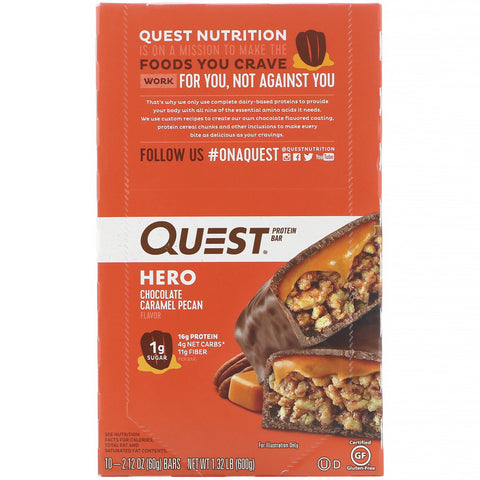 Quest Nutrition, Hero Protein Bar, Chocolate Caramel Pecan, 10 Bars, 2.12 oz (60 g) Each