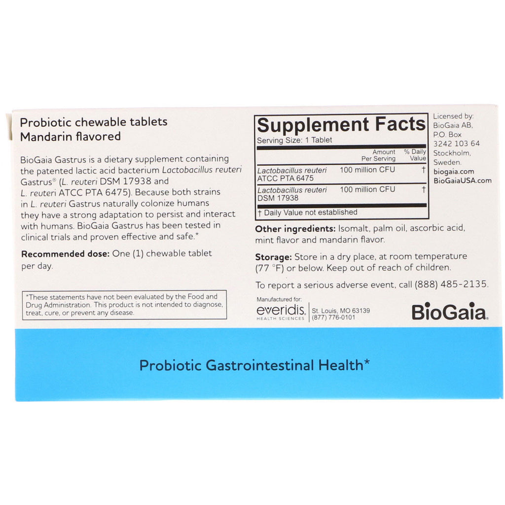 BioGaia, Gastrus, For GI Tract, Mandarin Flavored, 30 Chewable Tablets