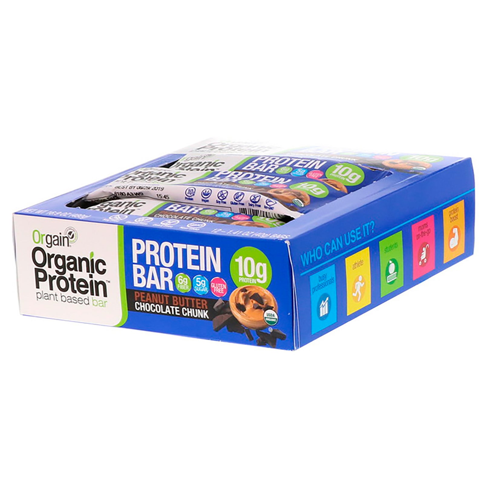 Orgain, Organic Plant-Based Protein Bar, Peanut Butter Chocolate Chunk, 12 Bars, 1.41 oz (40 g) Each