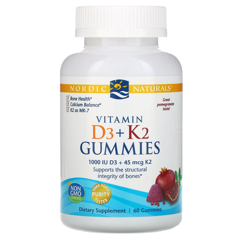 Nordic Naturals, Vitamin D3 + K2 Gummies, Pomegranate, 25 mcg (1,000 IU), 60 Gummies