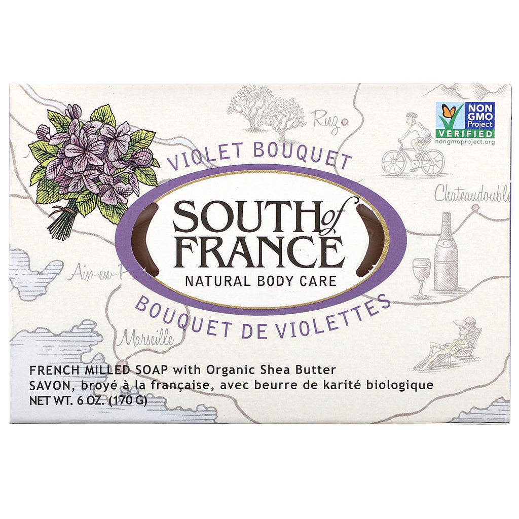 South of France, French Milled Bar Soap with Organic Shea Butter, Violet Bouquet, 6 oz (170 g)