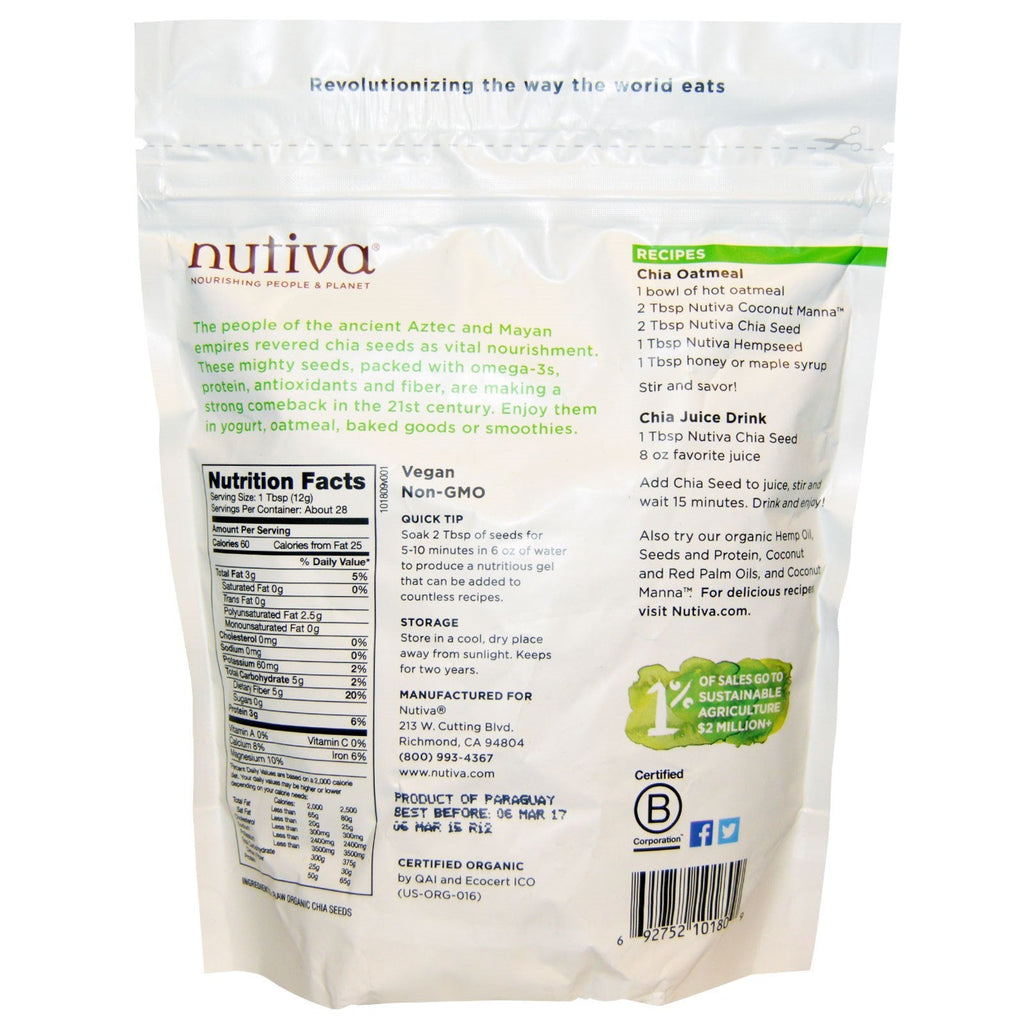 Nutiva,  Chia Seed, White, 12 oz (340 g)