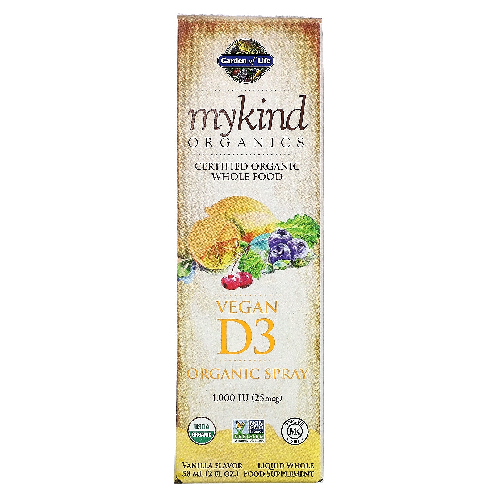 Garden of Life, MyKind Organics, Vegan D3 Organic Spray, Vanilla, 25 mcg (1,000 IU), 2 fl oz (58 ml)