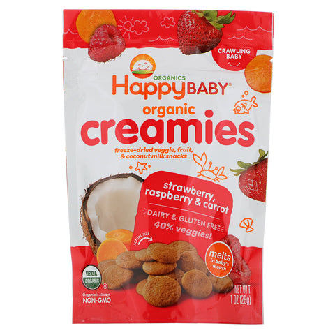 Happy Family Organics, Organic Creamies, Freeze-Dried Veggie, Fruit & Coconut Milk Snacks, Strawberry, Raspberry & Carrot, 1 oz (28 g)