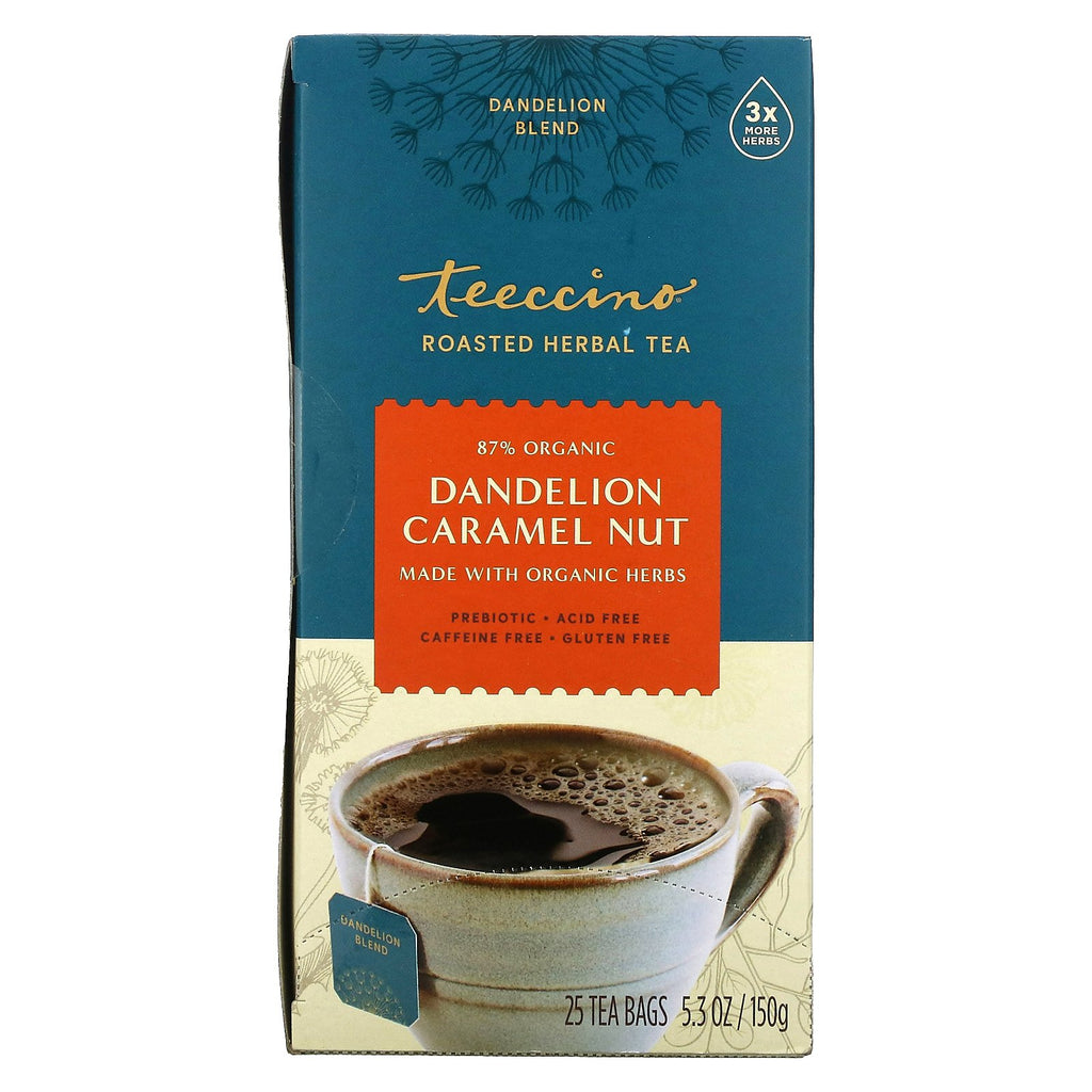 Teeccino, Roasted Herbal Tea, Dandelion Caramel Nut, Caffeine Free, 25 Tea Bags, 5.3 oz (150 g)