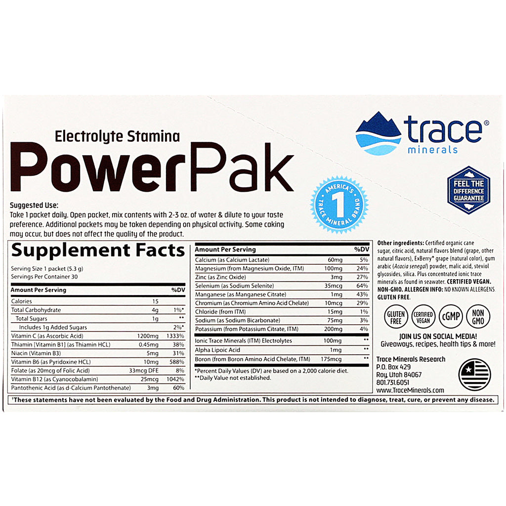 Trace Minerals Research, Electrolyte Stamina PowerPak, Concord Grape, 30 Packets. 0.19 oz (5.3 g) Each