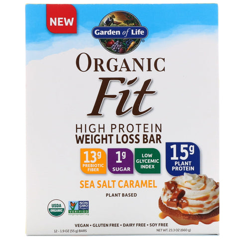 Garden of Life,  Fit, High Protein Weight Loss Bar, Sea Salt Caramel, 12 Bars, 1.9 oz (55 g) Each