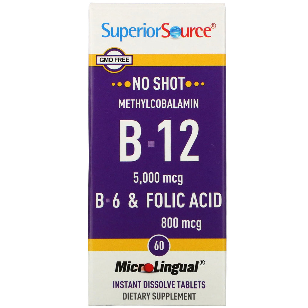 Superior Source, No Shot, Methylcobalamin B-12, B-6 & Folic Acid,  5,000 mcg/800 mcg, 60 MicroLingual Instant Dissolve Tablets