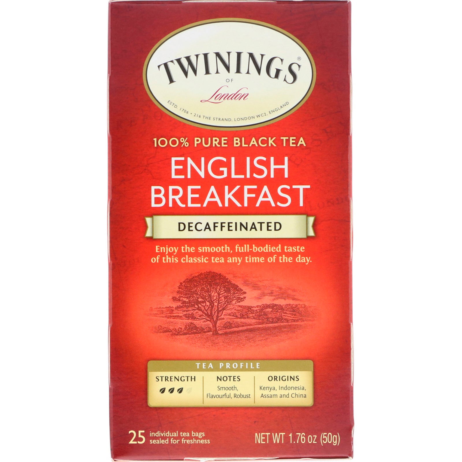 Twinings, 100% Pure Black Tea, English Breakfast, Decaffeinated, 25 Tea Bags, 1.76 oz (50 g)