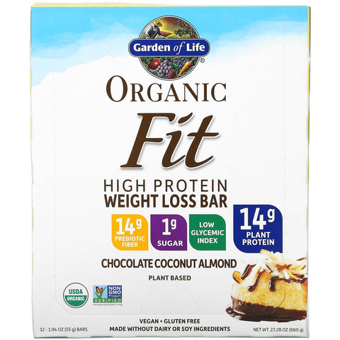 Garden of Life,  Fit, High Protein Weight Loss Bar, Chocolate Coconut Almond, 12 Bars, 1.94 oz (55 g) Each