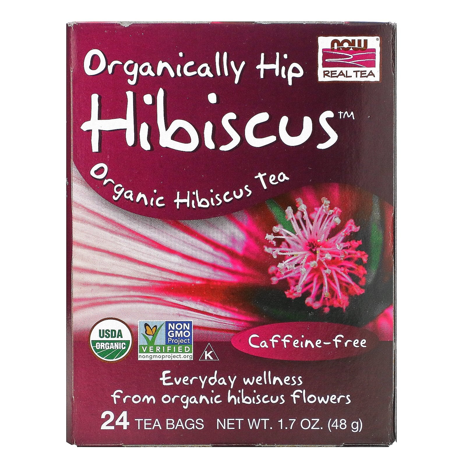 Now Foods, Organic Real Tea, Organically Hip Hibiscus, Caffeine-Free, 24 Tea Bags, 1.7 oz (48 g)