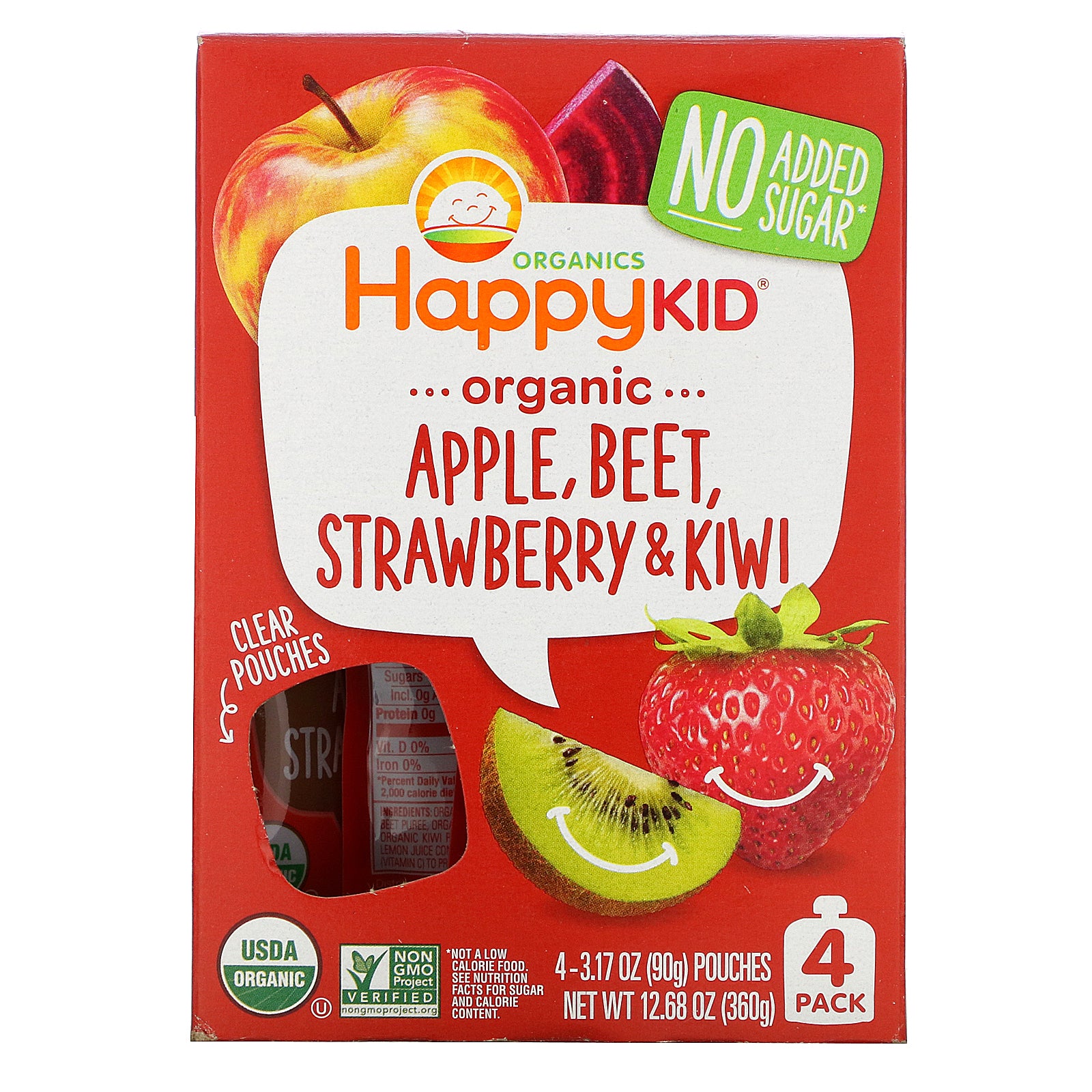 Happy Family Organics, Happy Kid, Organic Apple, Beet, Strawberry & Kiwi, 4 Pouches, 3.17 oz (90 g) Each