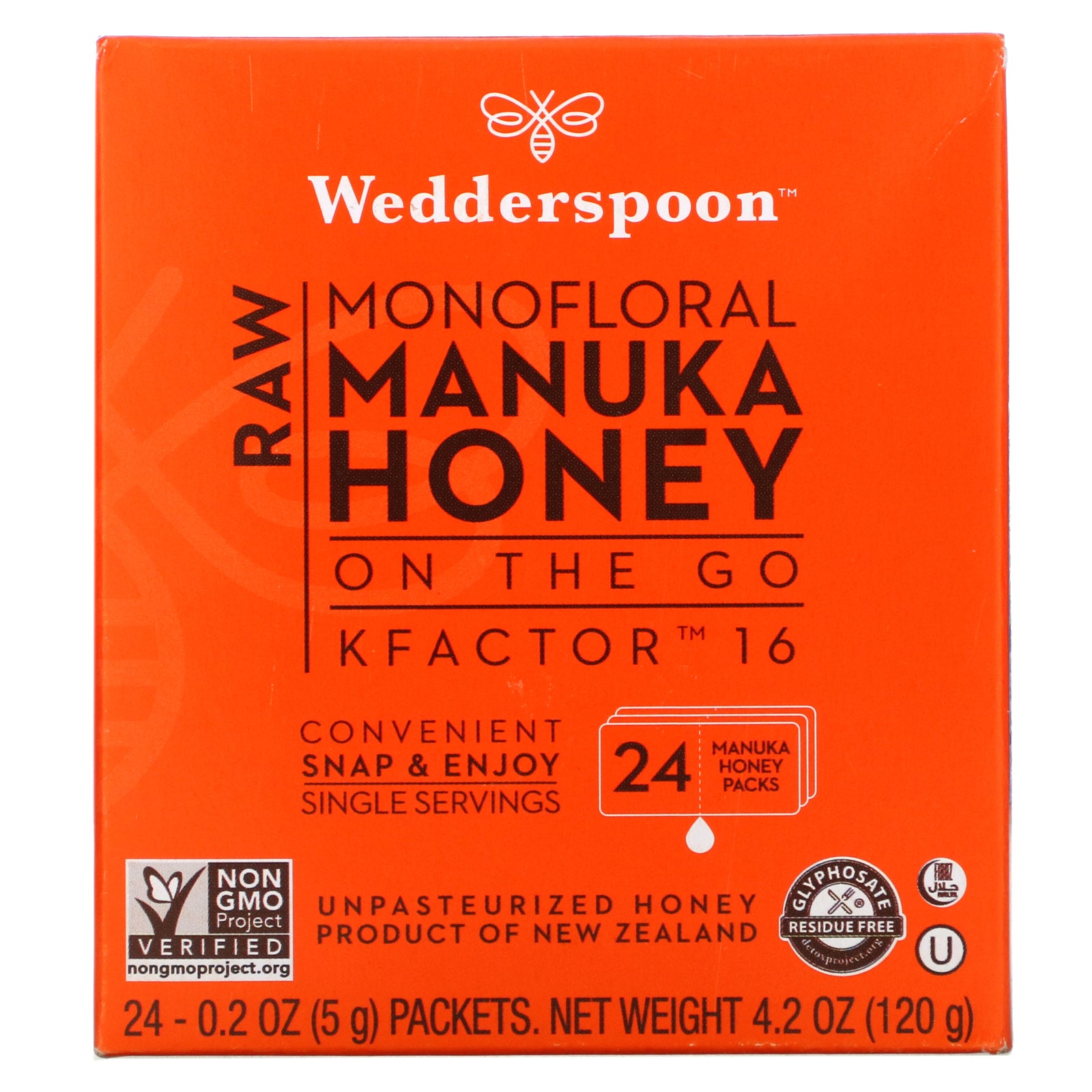 Wedderspoon, Raw Monofloral Manuka Honey On The Go, KFactor 16, 24 Packs, 0.2 oz (5 g) Each