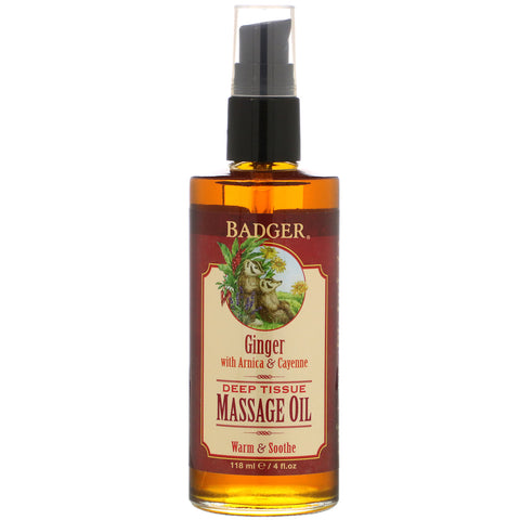 Badger Company, Deep Tissue Massage Oil, Ginger with Arnica & Cayenne, 4 fl oz (118 ml)