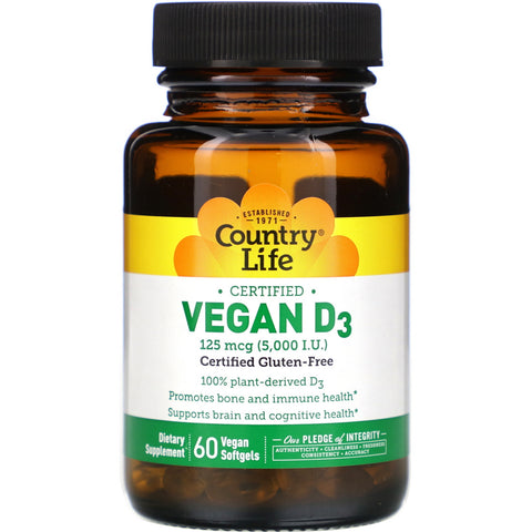 Country Life, Certified Vegan D3, 125 mcg (5,000 IU), 60 Vegan Softgels