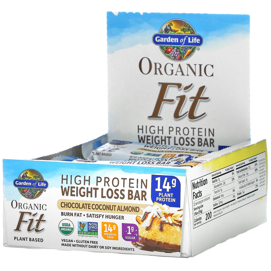 Garden of Life, Organic Fit, High Protein Weight Loss Bar, Chocolate Coconut Almond, 12 Bars, 1.94 oz (55 g) Each