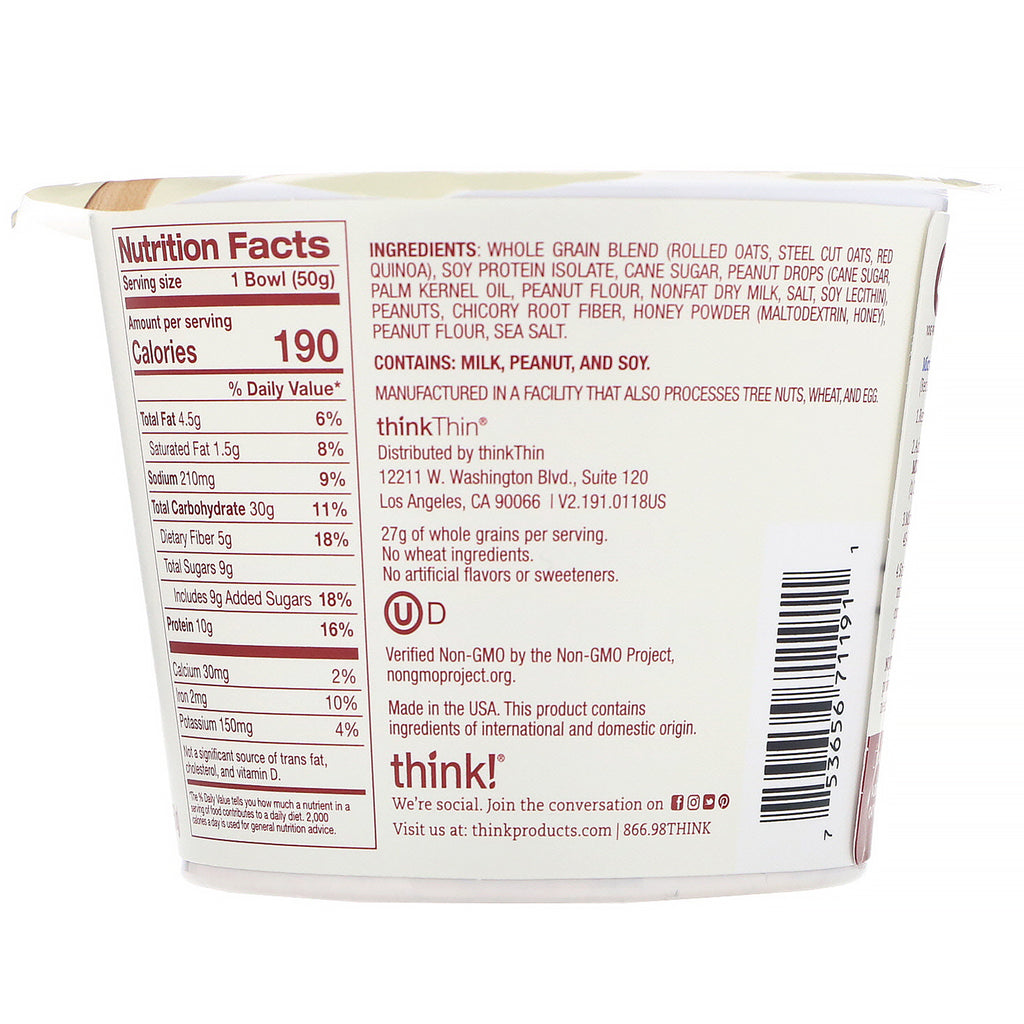 ThinkThin, Protein & Fiber Hot Oatmeal, Honey Peanut Butter, 1.76 oz (50 g)