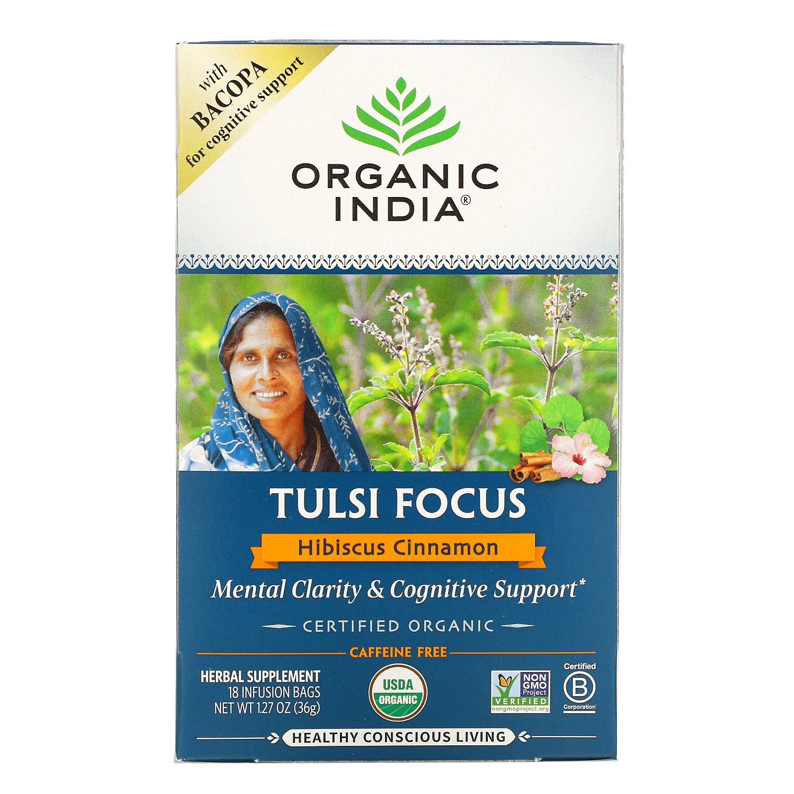 Organic India, Tulsi Focus with Bacopa, Hibiscus Cinnamon, Caffeine Free, 18 Infusion Bags, 1.27 oz (36 g)