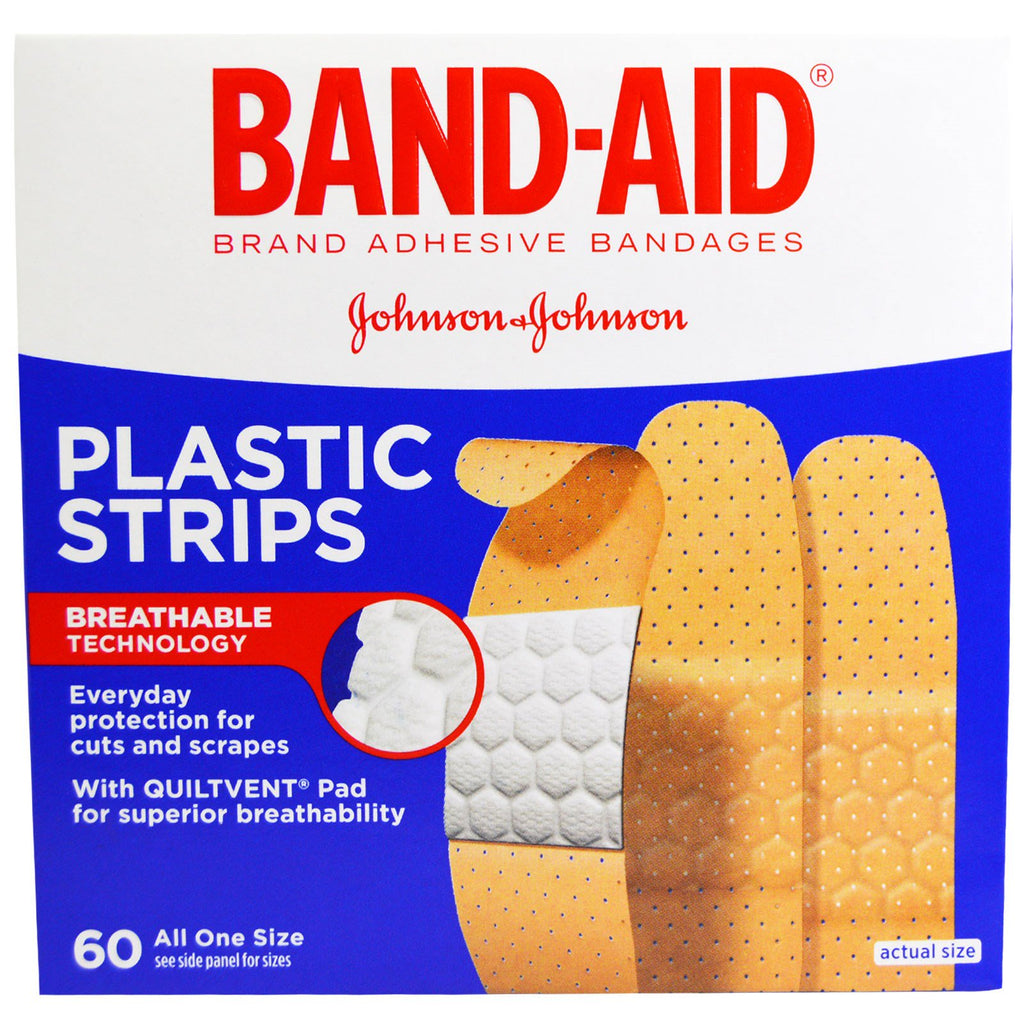 Band Aid, Adhesive Bandages, Plastic Strips, 60 Bandages