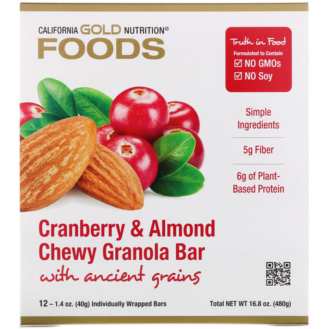 California Gold Nutrition, Foods, Cranberry & Almond Chewy Granola Bars, 12 Bars, 1.4 oz (40 g) Each