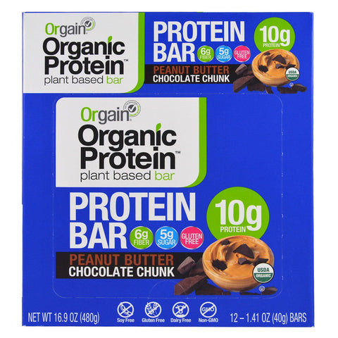 Orgain,  Plant-Based Protein Bar, Peanut Butter Chocolate Chunk, 12 Bars, 1.41 oz (40 g) Each