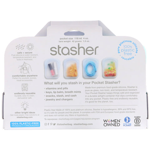 Stasher, Reusable Silicone Pocket, Clear & Aqua, 2 Pack, 4 oz (42 g) Each