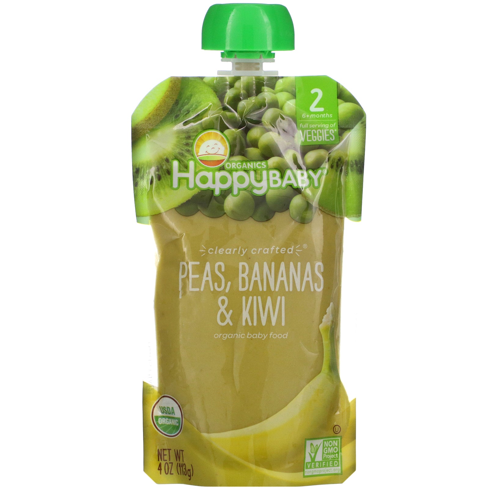 Happy Family Organics, Happy Baby, Organic Baby Food, Stage 2, 6+ Months, Peas, Bananas & Kiwi,  4 oz (113 g)