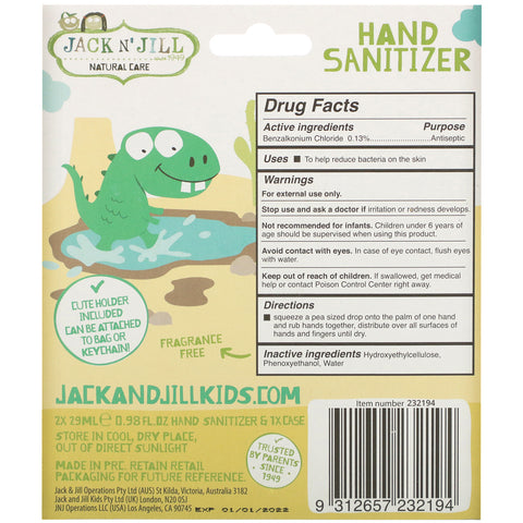 Jack n' Jill, Hand Sanitizer, Dino, 2 Pack, 0.98 fl oz (29 ml) Each and 1 Case